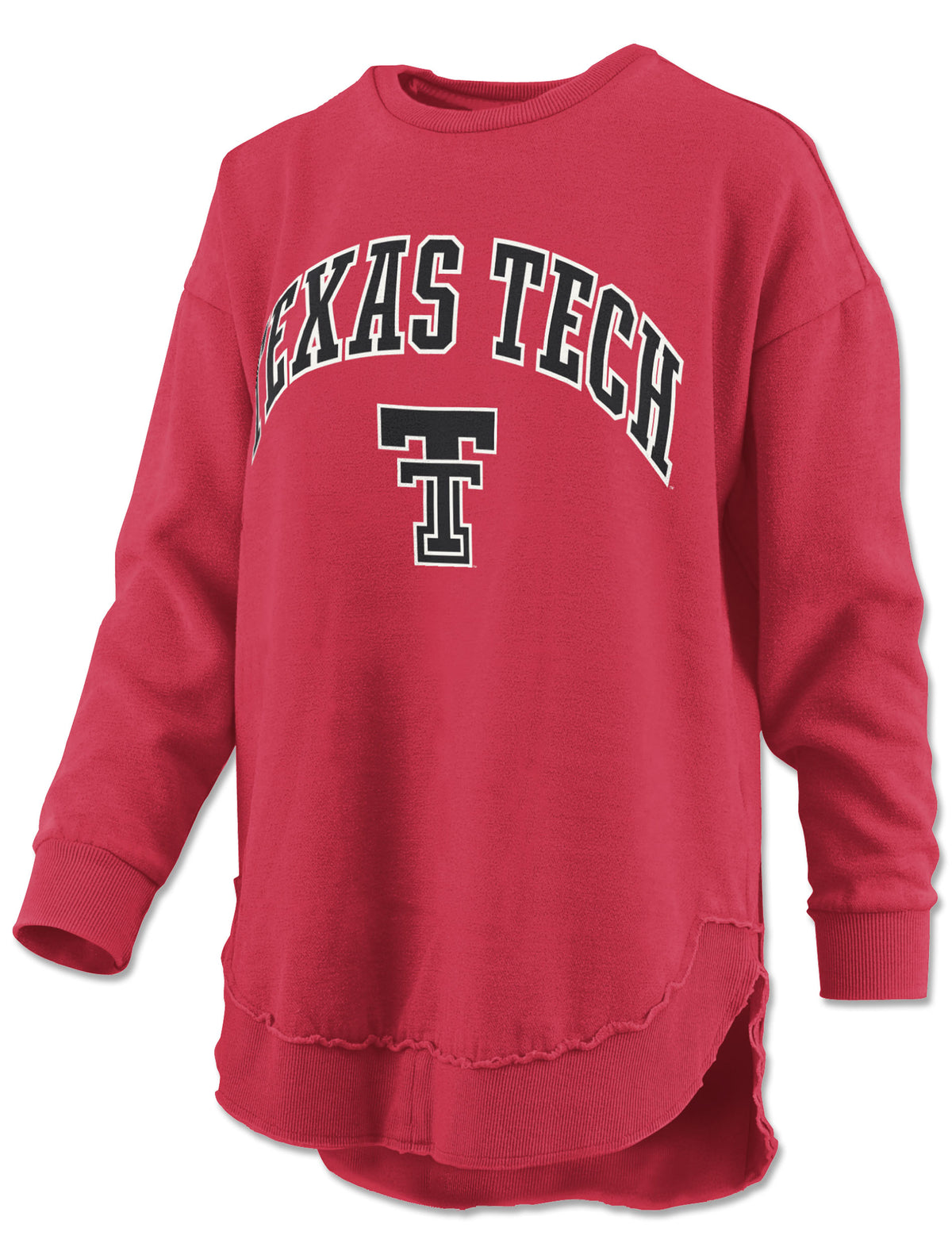 Pressbox Texas Tech oversized red poncho fleece with TEXAS TECH arched in black above the Double T and a raw curved hem