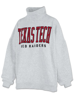 Pressbox Texas Tech oversized mock neck sweatshirt in ash grey with TEXAS TECH arched in red over RED RAIDERS in black