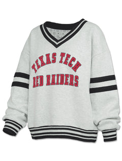 Ash grey Pressbox Texas Tech “Tackle Twill Oates” oversized V-neck fleece with black and white striped trim and red tackle twill TEXAS TECH RED RAIDERS lettering