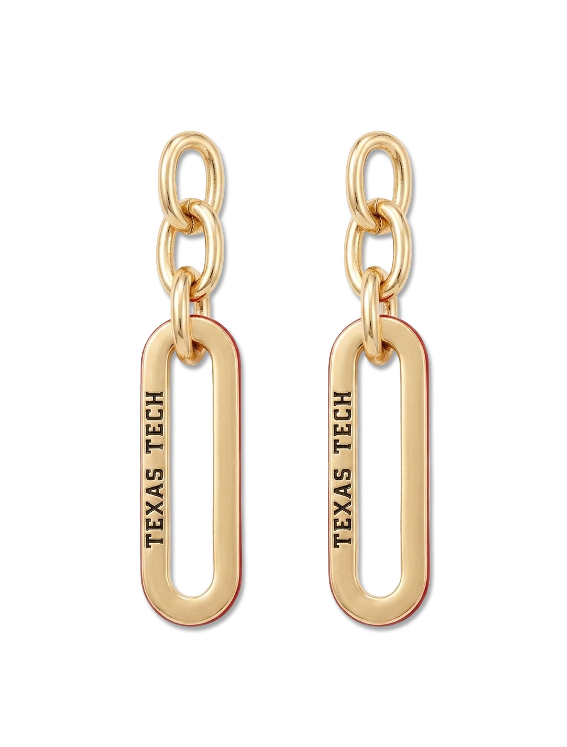 Pair of gold chain link drop earrings with three graduated oval links and “Texas Tech” stamped into the largest link