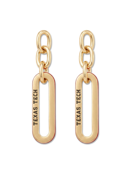 Pair of gold chain link drop earrings with three graduated oval links and “Texas Tech” stamped into the largest link