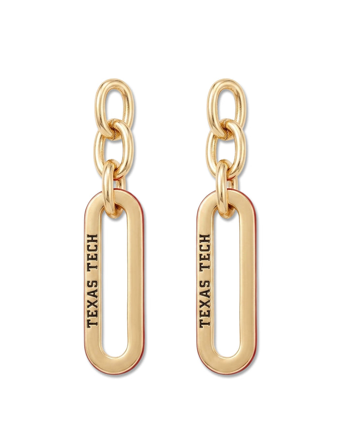 Pair of gold chain link drop earrings with three graduated oval links and “Texas Tech” stamped into the largest link