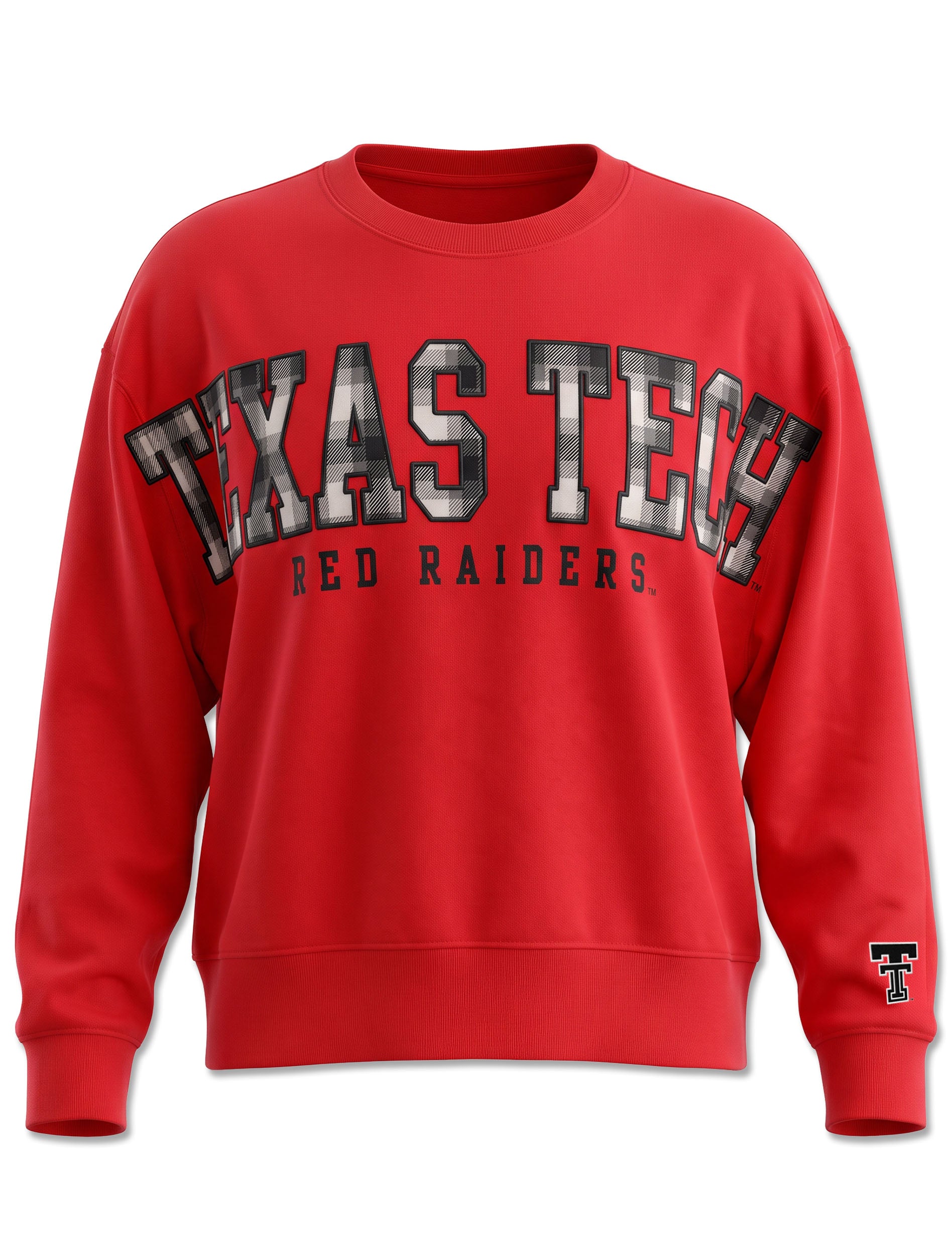 Red Texas Tech crewneck sweatshirt with TEXAS TECH across the chest in black and white plaid filled block letters, RED RAIDERS in solid black beneath, and a Double T at the cuff