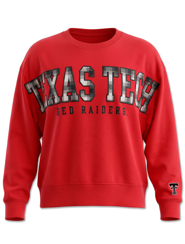 Red Texas Tech crewneck sweatshirt with TEXAS TECH across the chest in black and white plaid filled block letters, RED RAIDERS in solid black beneath, and a Double T at the cuff