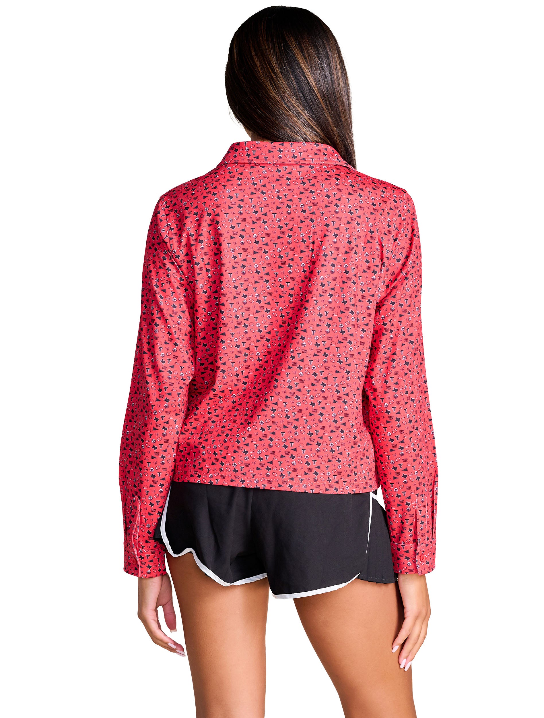 Back of the red all over print Texas Tech long sleeve polo, showing the collar, the shoulder seams and the curved hem