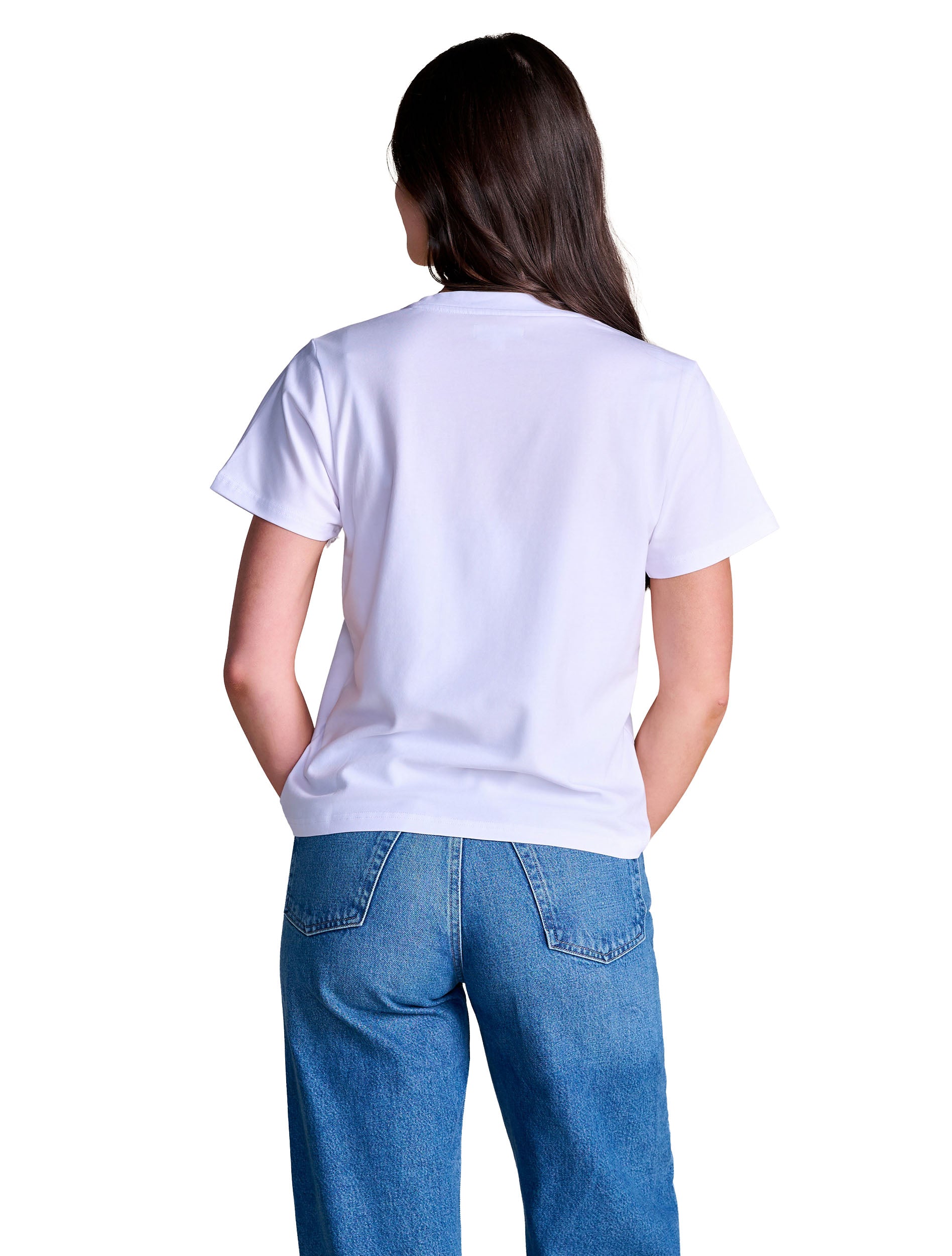 Back view of the white Texas Tech beaded mascot tee showing the plain back and regular fit