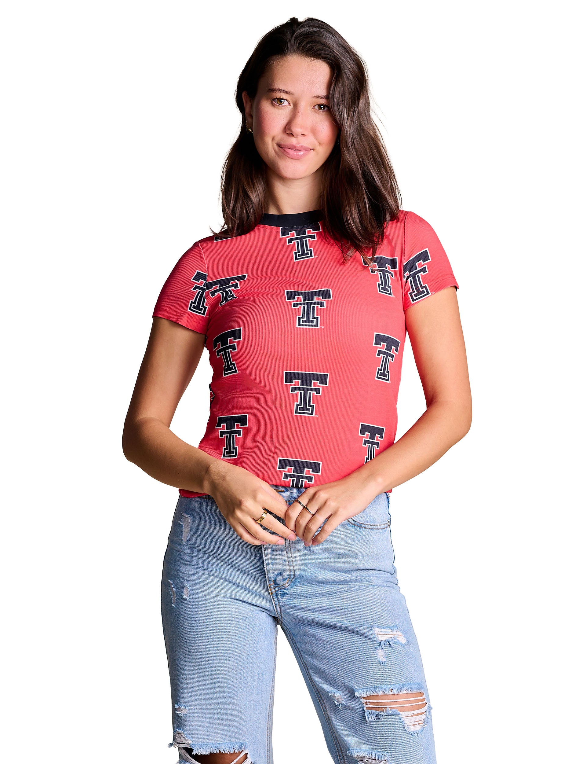 Model wearing the red Stewart Simmons Texas Tech ribbed baby tee with an allover black Double T print and a black ringer collar