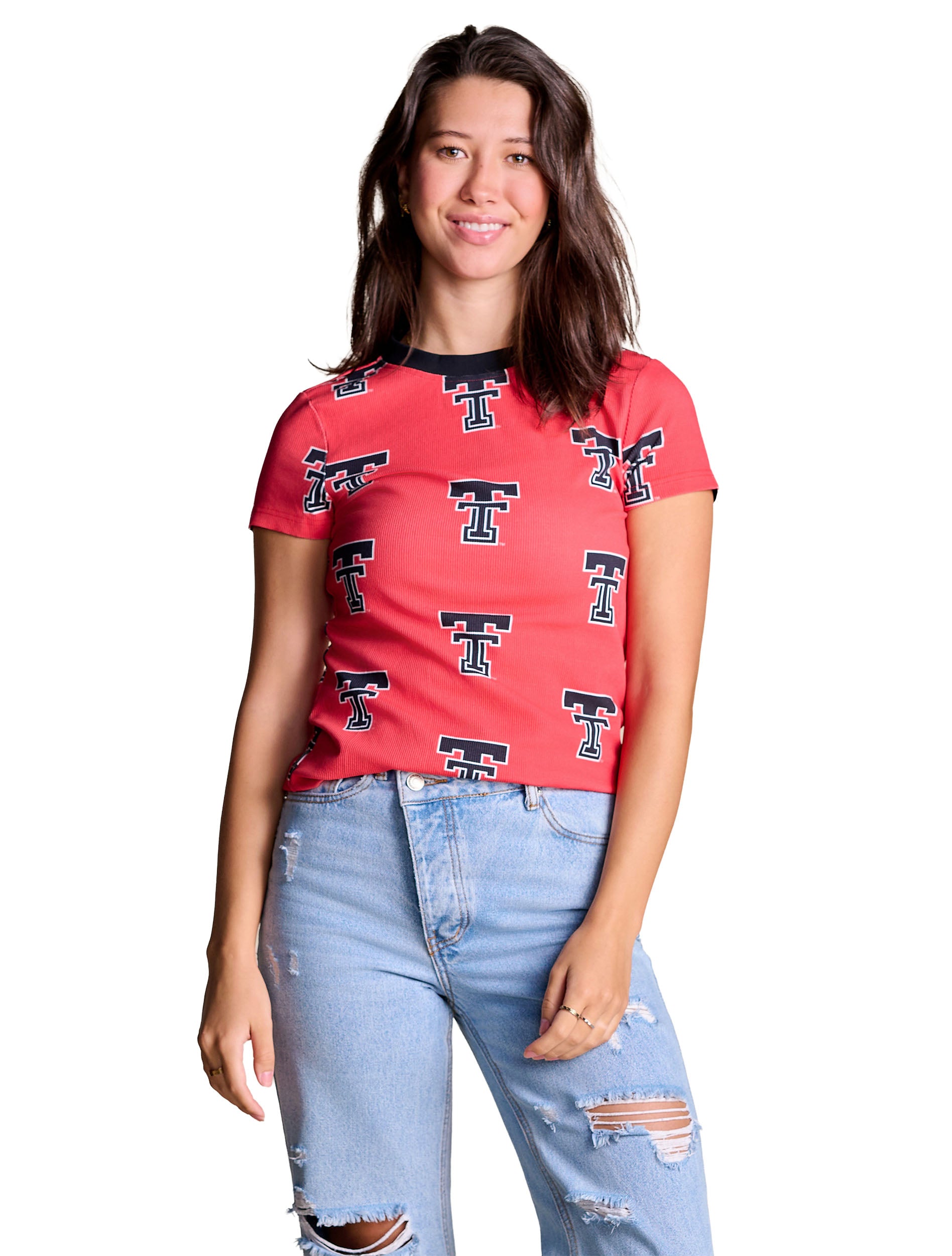Front view of the red Texas Tech ribbed baby tee showing the fitted silhouette