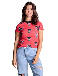 Front view of the red Texas Tech ribbed baby tee showing the fitted silhouette