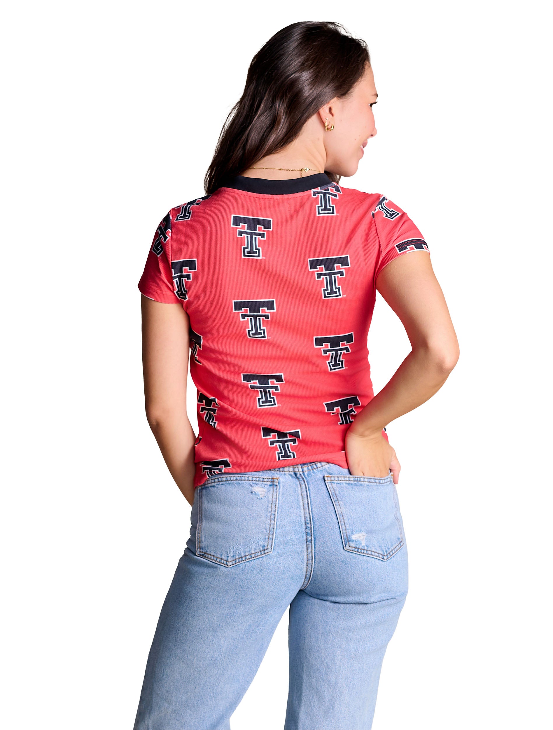 Back view of the red Texas Tech ribbed baby tee with the Double T print continuing across the back