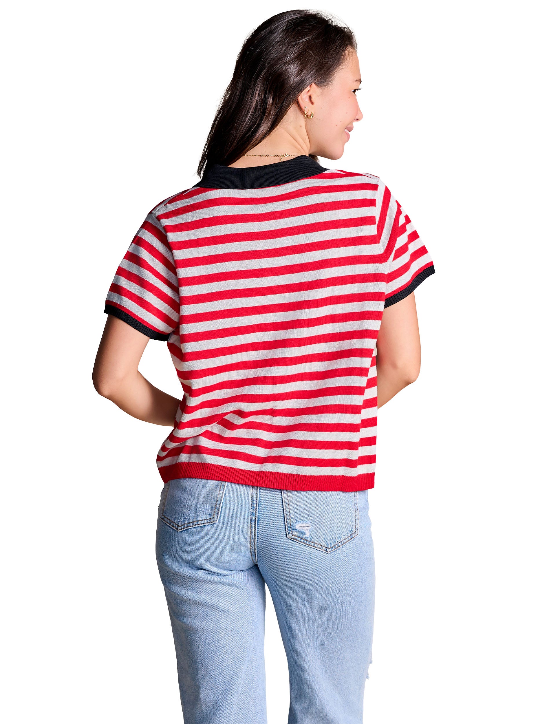 Back of the red and white striped Texas Tech collared sweater, showing the black ribbed collar, black cuffs and red ribbed hem