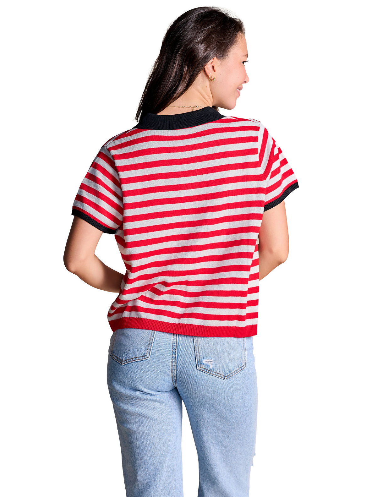 Back of the red and white striped Texas Tech collared sweater, showing the black ribbed collar, black cuffs and red ribbed hem