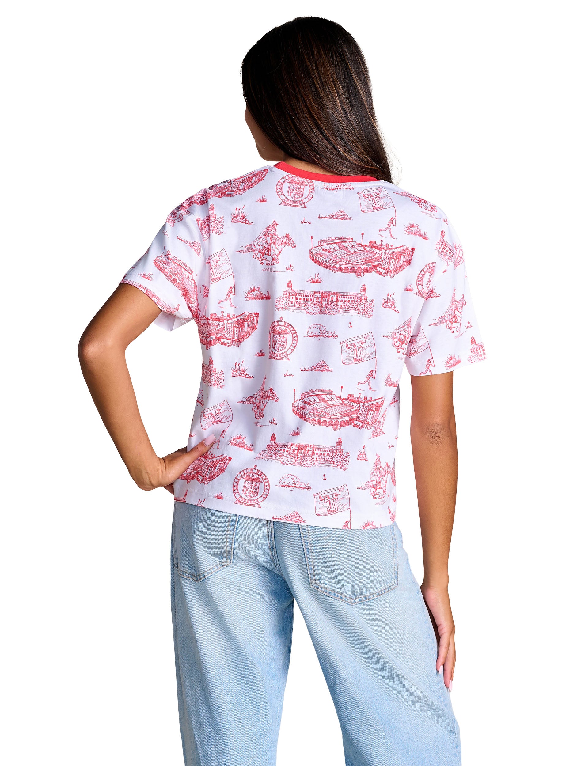 Back view of the white Texas Tech toile tee showing the print continuing across the back