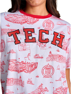Close up of the red campus toile print and the embroidered TECH lettering with the red ringer collar