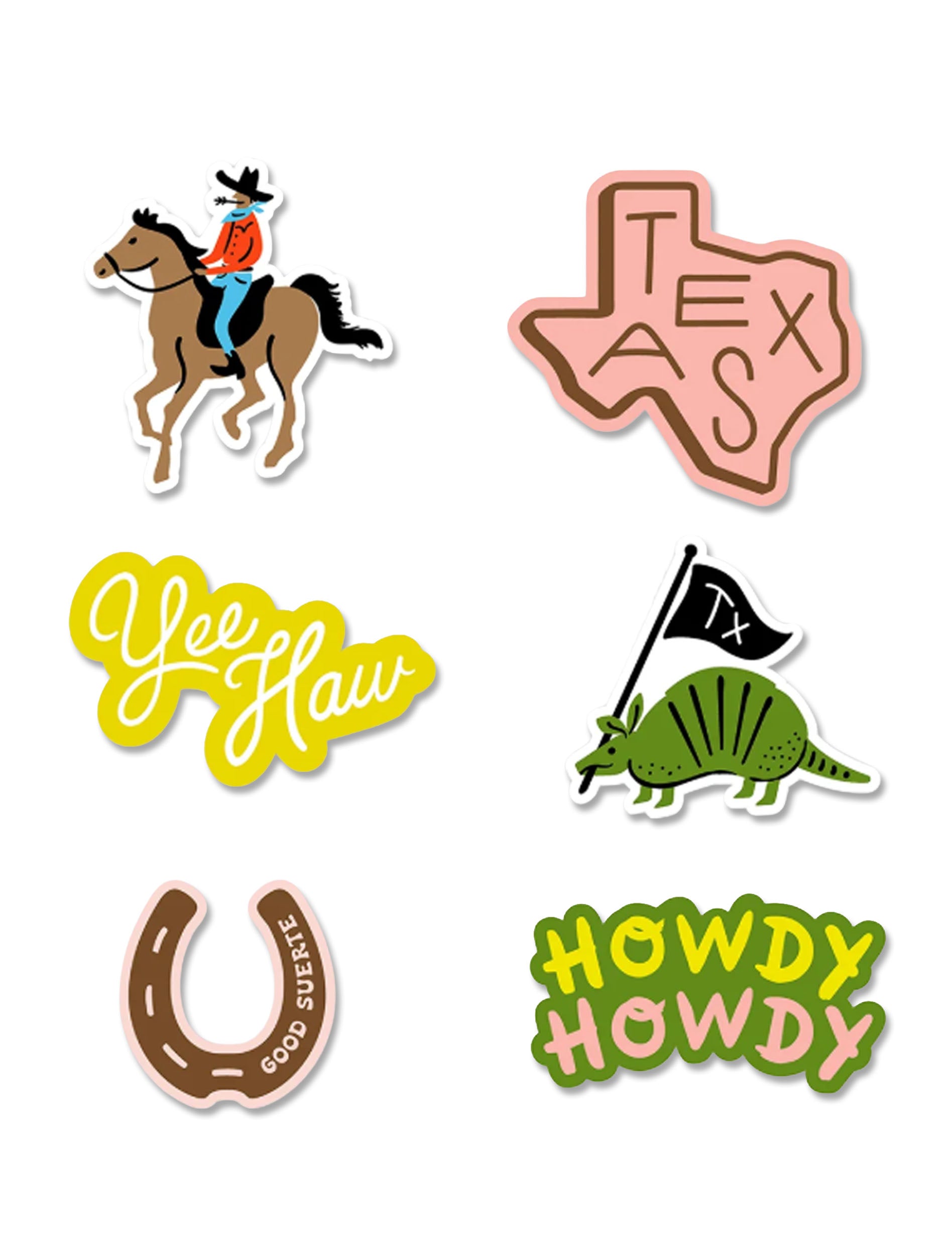 Set of six Western Texas vinyl stickers including a cowboy on horseback, a Texas state, Yee Haw, an armadillo, a horseshoe, and Howdy Howdy