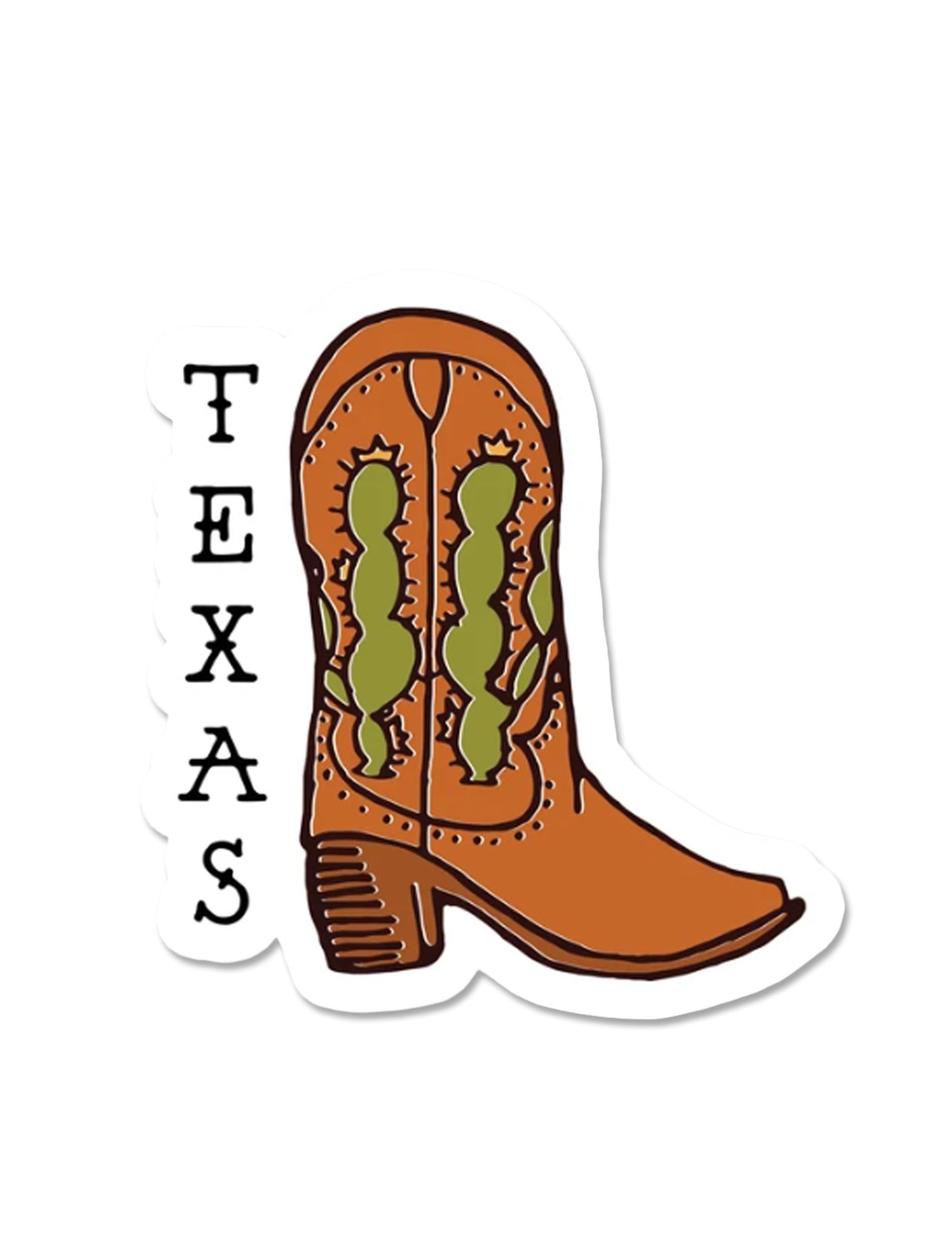 Hand-drawn Texas cowboy boot vinyl sticker in tan with green cactus inlay and "TEXAS" lettered down the side