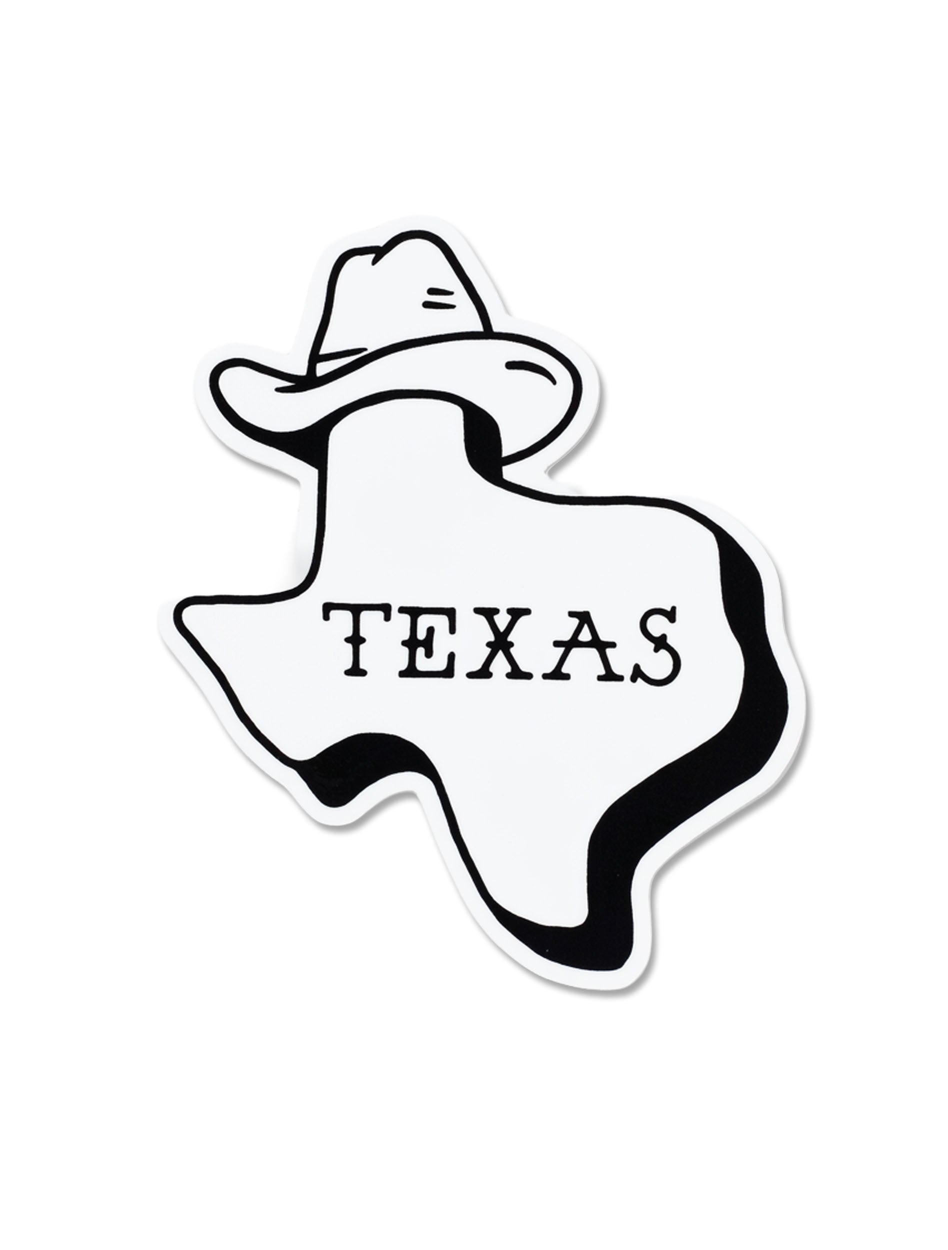 Die-cut vinyl sticker of the Texas state outline wearing a cowboy hat, with TEXAS printed across the center in black western lettering