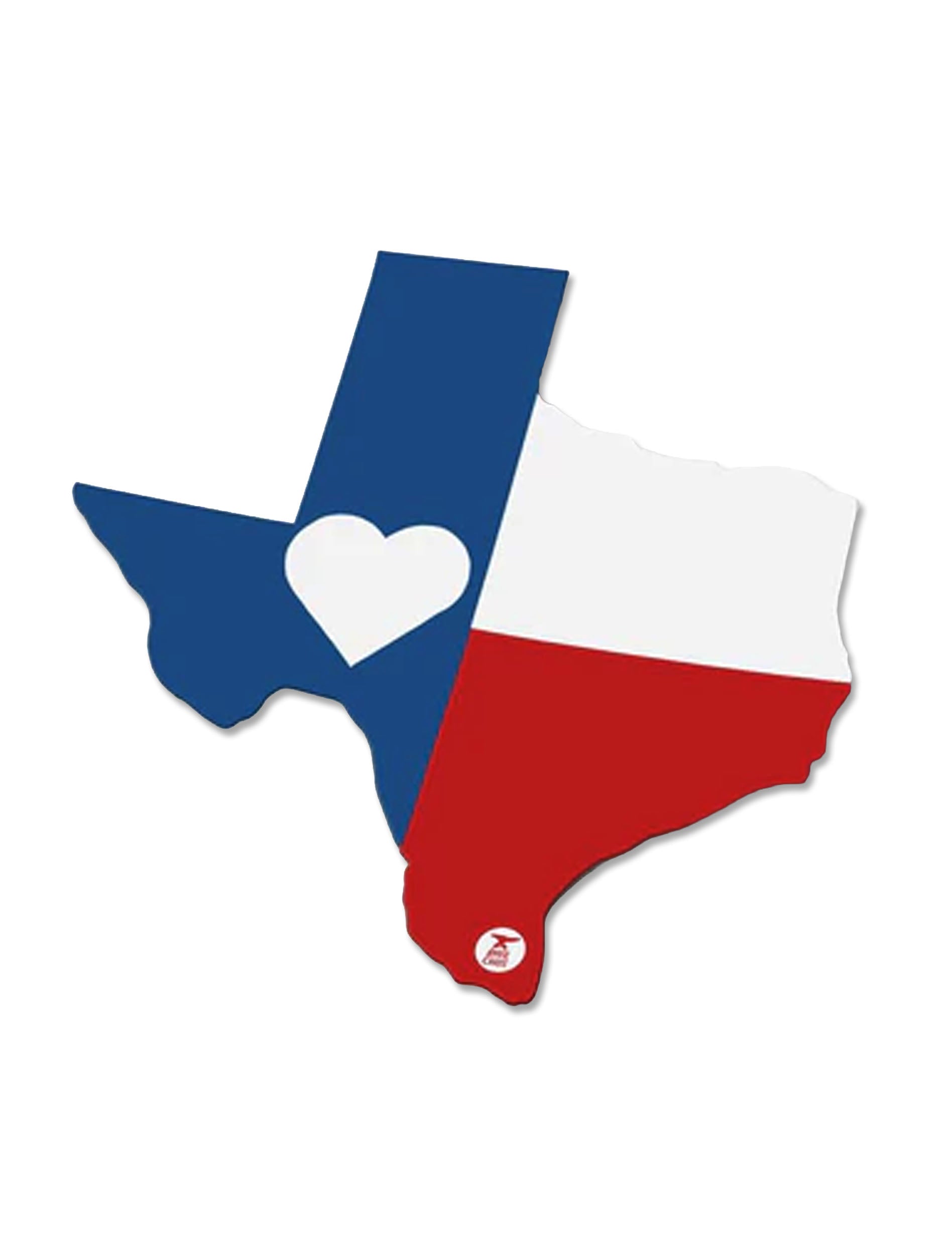 Die-cut vinyl sticker of the Texas state outline in the state flag colors, with a white heart in place of the lone star on the blue band