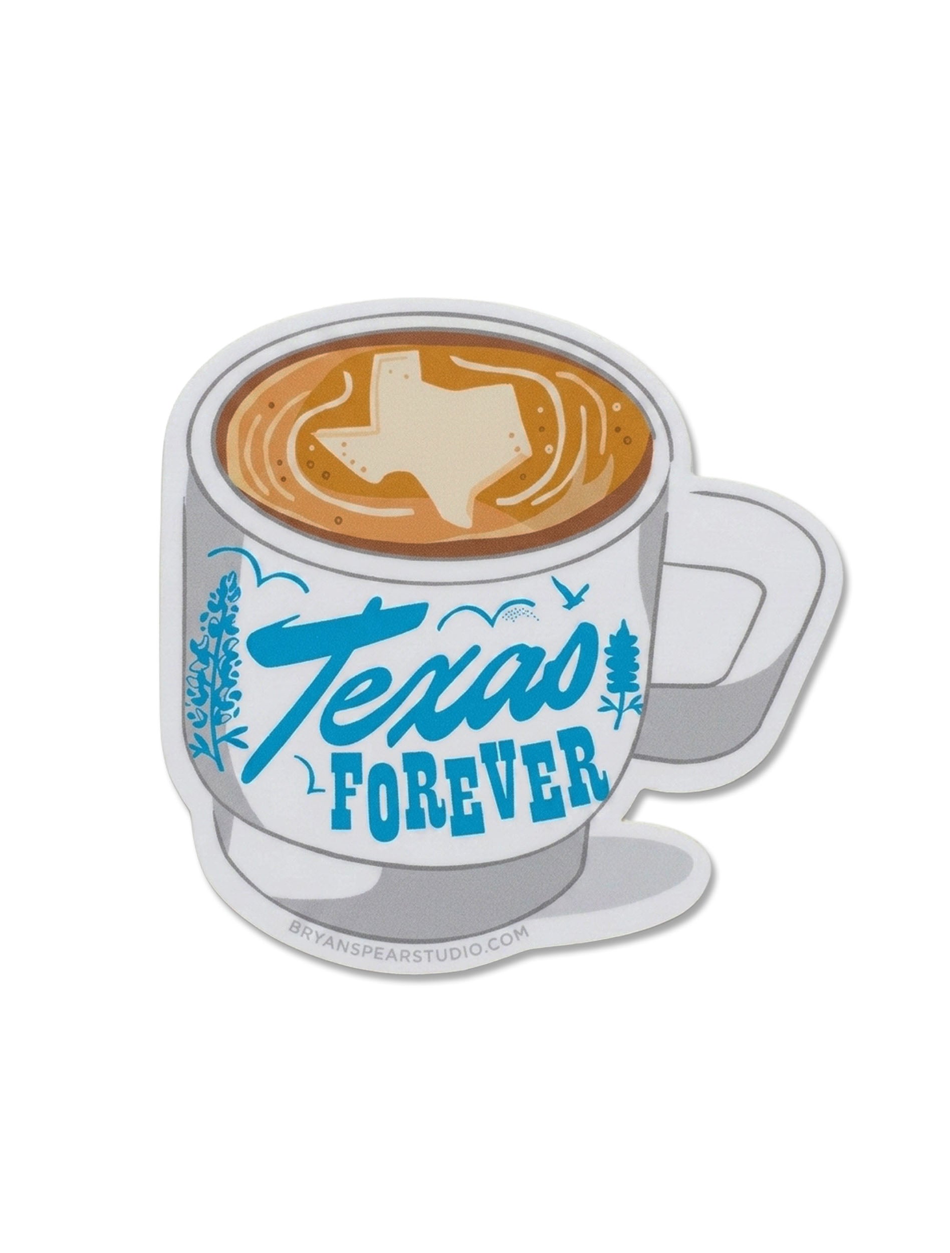 Die-cut vinyl sticker of a white coffee mug with the Texas state outline in the latte foam and “Texas Forever” in blue lettering, framed by bluebonnets and birds