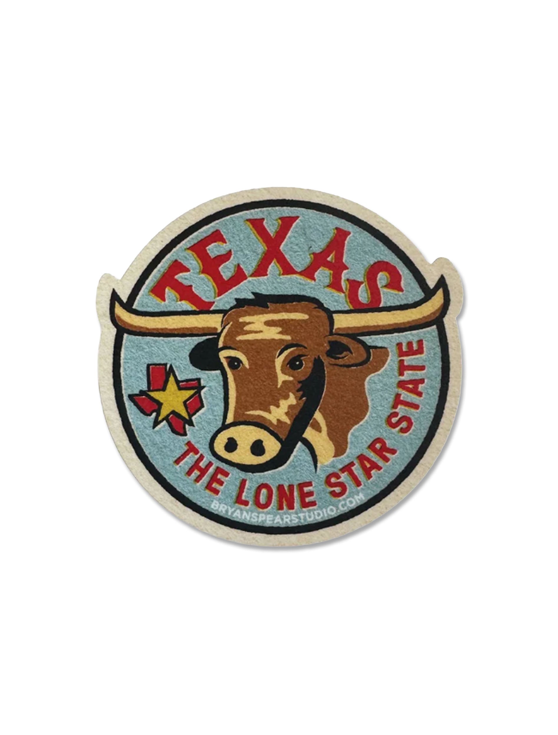 Round Texas badge vinyl sticker with a longhorn steer, "TEXAS" and "The Lone Star State," in red, cream, and sky blue