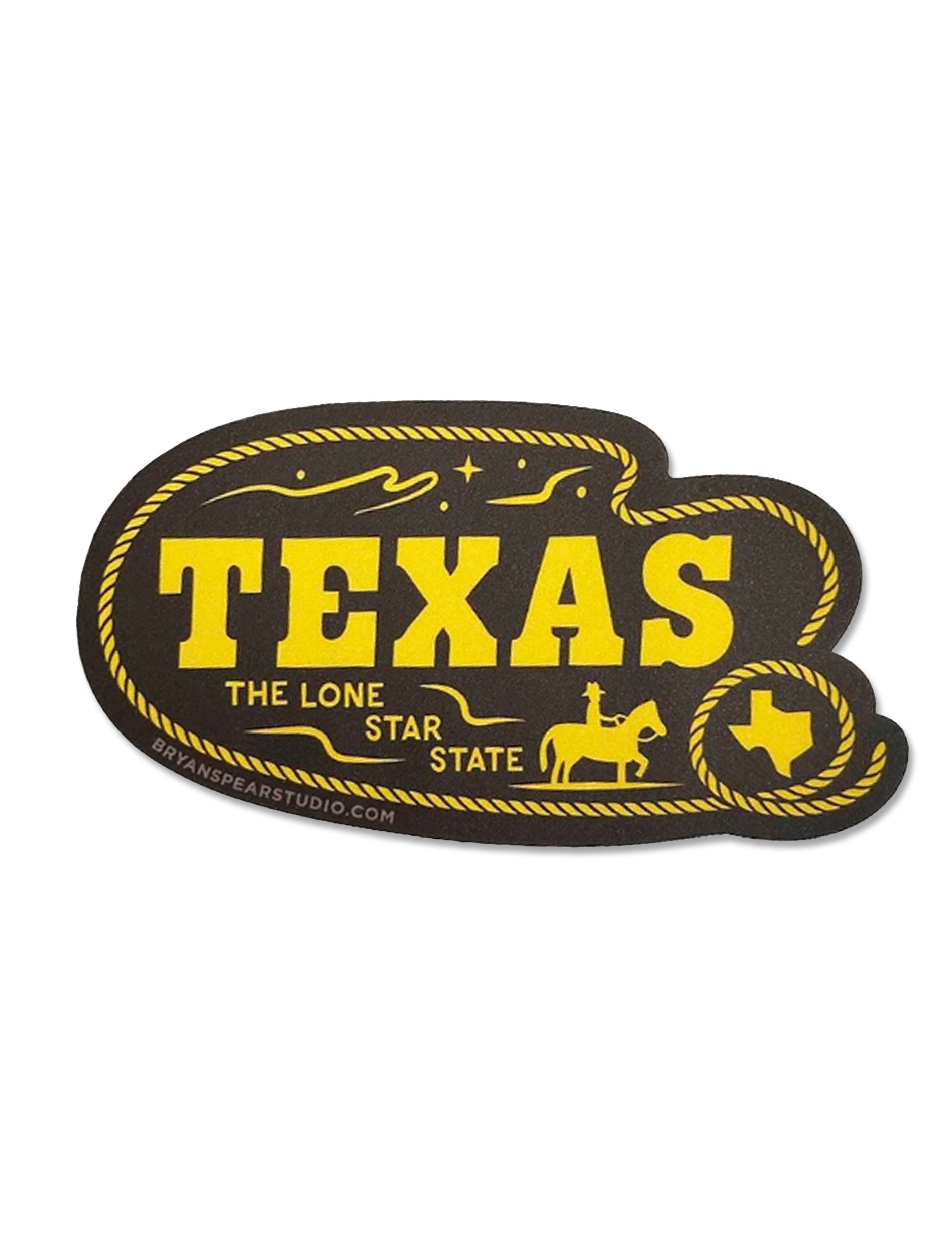 Vintage Western vinyl sticker reading "Texas — The Lone Star State" in yellow lettering with a lasso border and horseback rider on charcoal