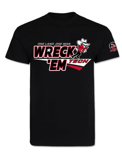 Texas Tech 2026 Official Wreck 'Em Tech Game Day t-shirt in black, front view with the “Wreck 'Em Tech” chest graphic and the commemorative 27th edition sleeve seal