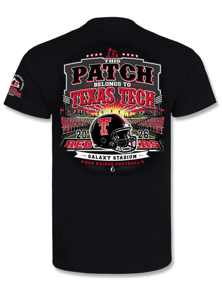 Texas Tech 2026 Official Wreck ’Em Tech Game Day t-shirt in black, back graphic with a Red Raiders helmet at The Jones (aka Galaxy Stadium), oil derricks, and a West Texas sunset