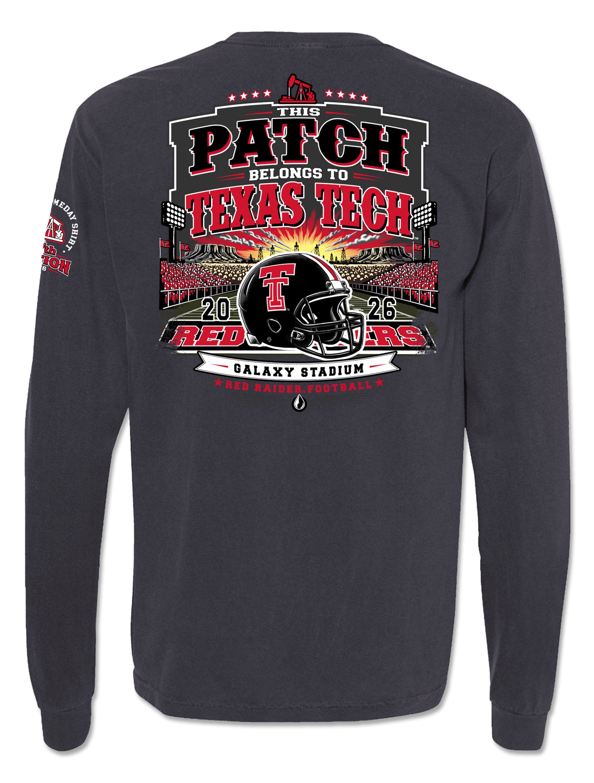 Texas Tech 2026 Official Wreck 'Em Tech Game Day long sleeve tee in grey, back graphic with a Red Raiders helmet at The Jones (aka Galaxy Stadium), oil derricks, and a West Texas sunset