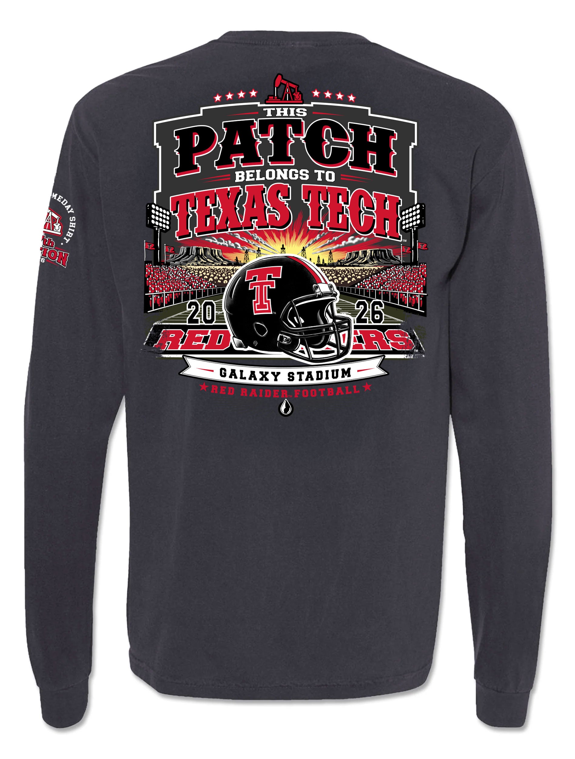 Texas Tech 2026 Official Wreck 'Em Tech Game Day long sleeve tee in grey, back graphic with a Red Raiders helmet at The Jones (aka Galaxy Stadium), oil derricks, and a West Texas sunset