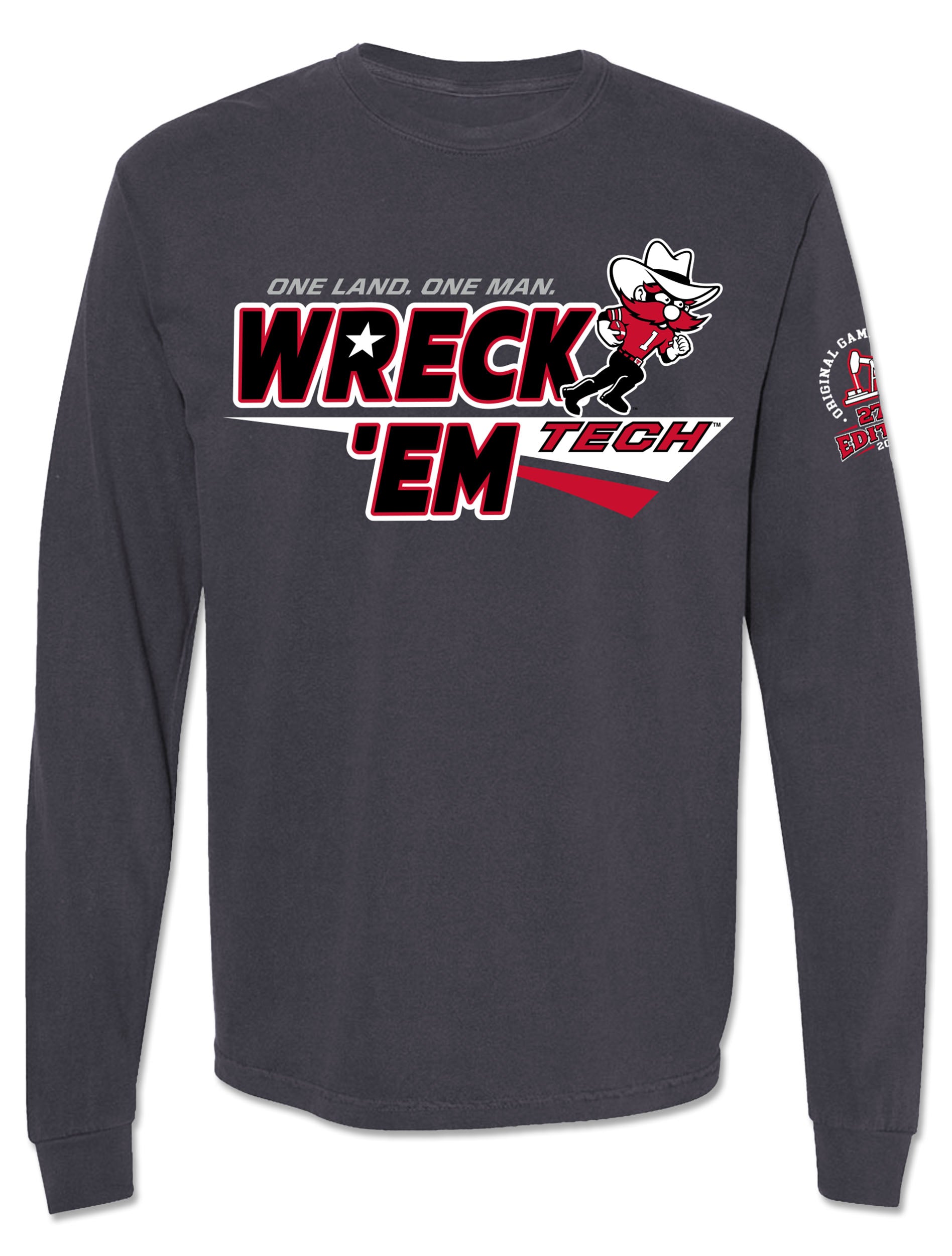 Texas Tech 2026 Official Wreck 'Em Tech Game Day long sleeve tee in grey, front graphic reading “One Land. One Man. Wreck 'Em Tech” with Raider Red and a 27th edition sleeve seal