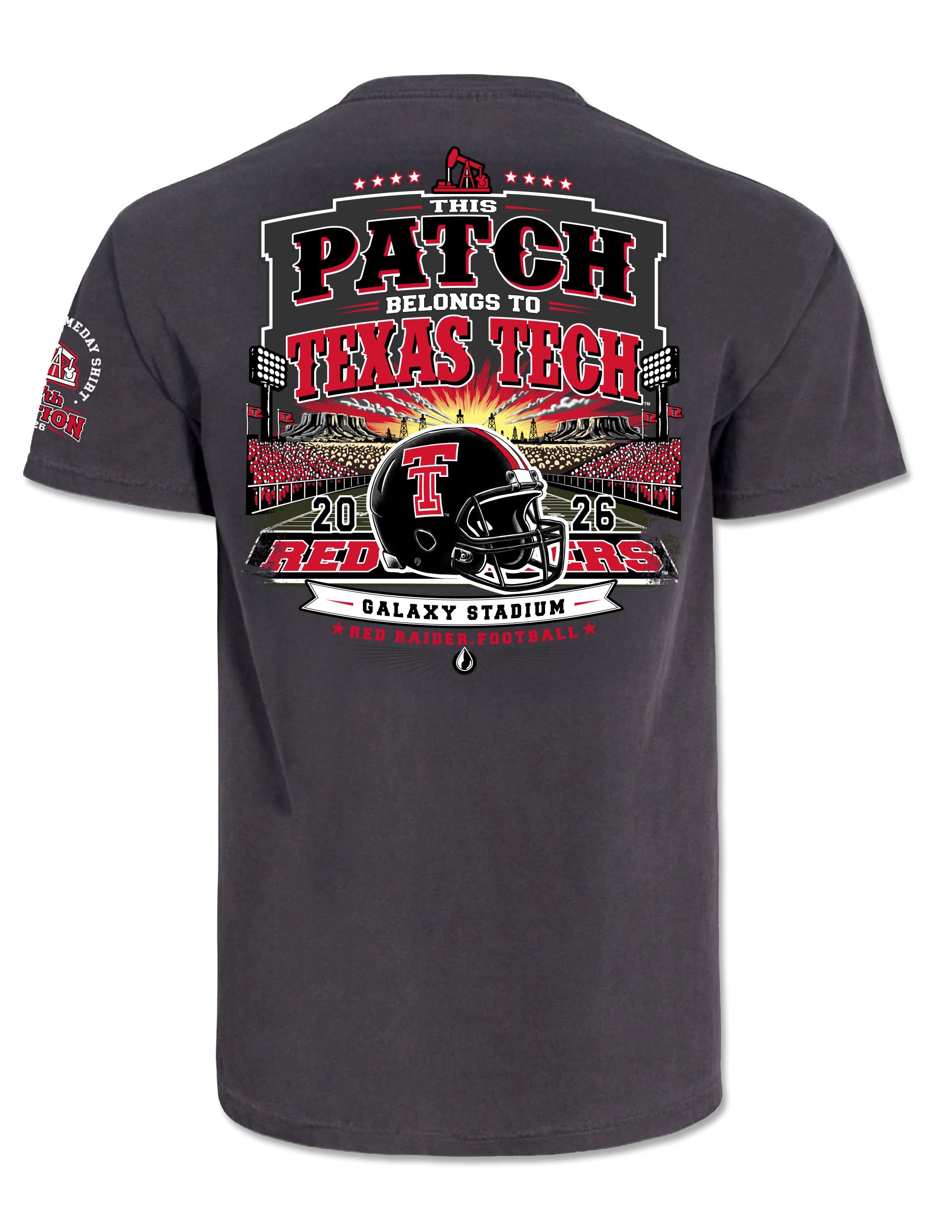 Texas Tech 2026 Official Wreck ’Em Tech Game Day t-shirt in grey, back graphic with a Red Raiders helmet at The Jones (aka Galaxy Stadium), oil derricks, and a West Texas sunset