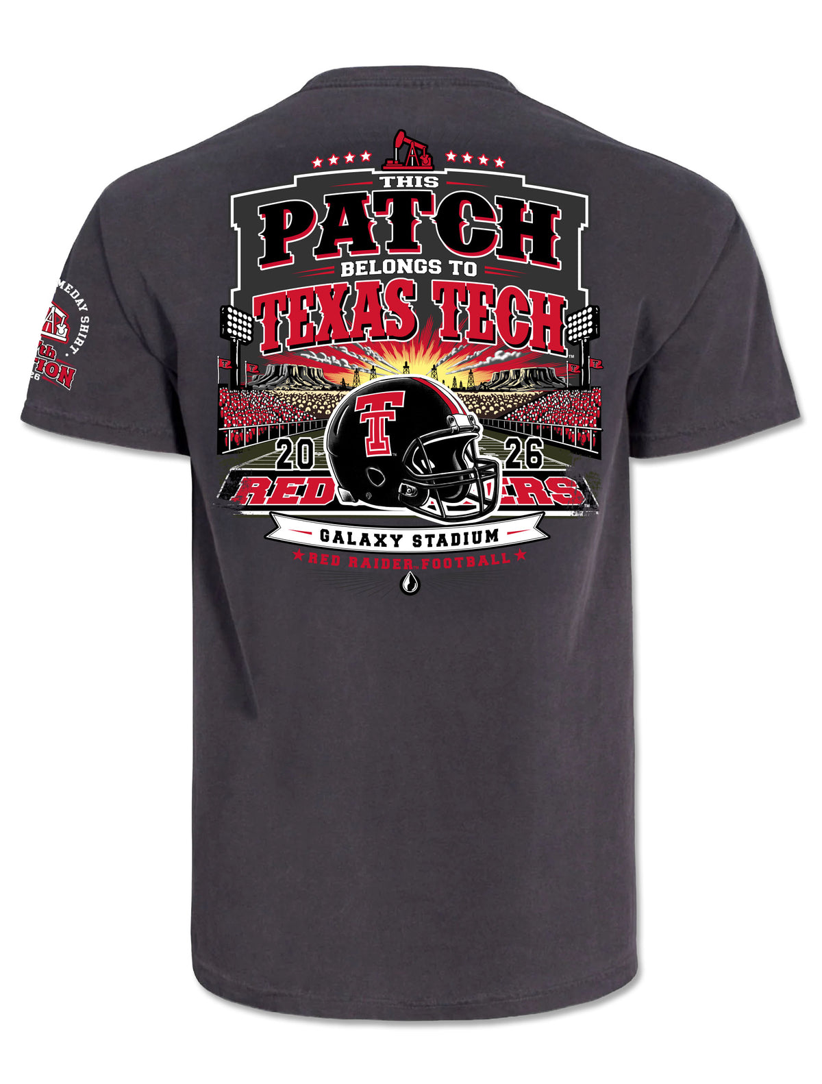 Texas Tech 2026 Official Wreck ’Em Tech Game Day t-shirt in grey, back graphic with a Red Raiders helmet at The Jones (aka Galaxy Stadium), oil derricks, and a West Texas sunset