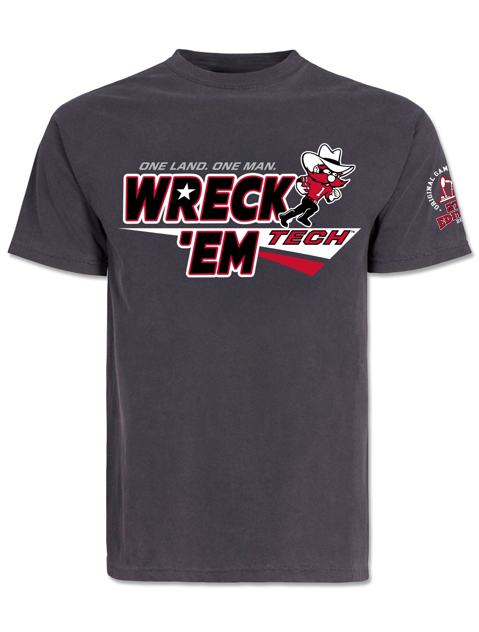 Texas Tech 2026 Official Wreck 'Em Tech Game Day t-shirt in grey, front view with the “Wreck 'Em Tech” chest graphic and the commemorative 27th edition sleeve seal