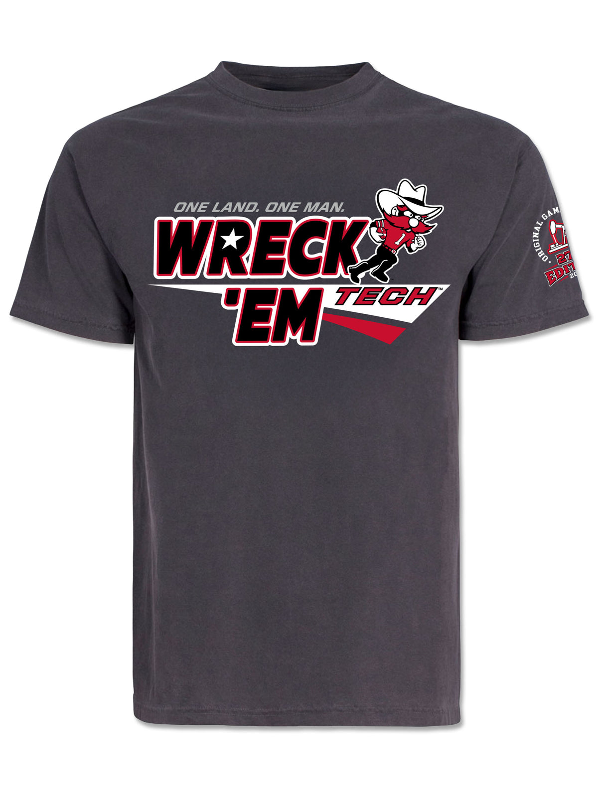 Texas Tech 2026 Official Wreck 'Em Tech Game Day t-shirt in grey, front view with the “Wreck 'Em Tech” chest graphic and the commemorative 27th edition sleeve seal