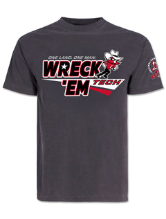 Texas Tech 2026 Official Wreck 'Em Tech Game Day t-shirt in grey, front view with the “Wreck 'Em Tech” chest graphic and the commemorative 27th edition sleeve seal