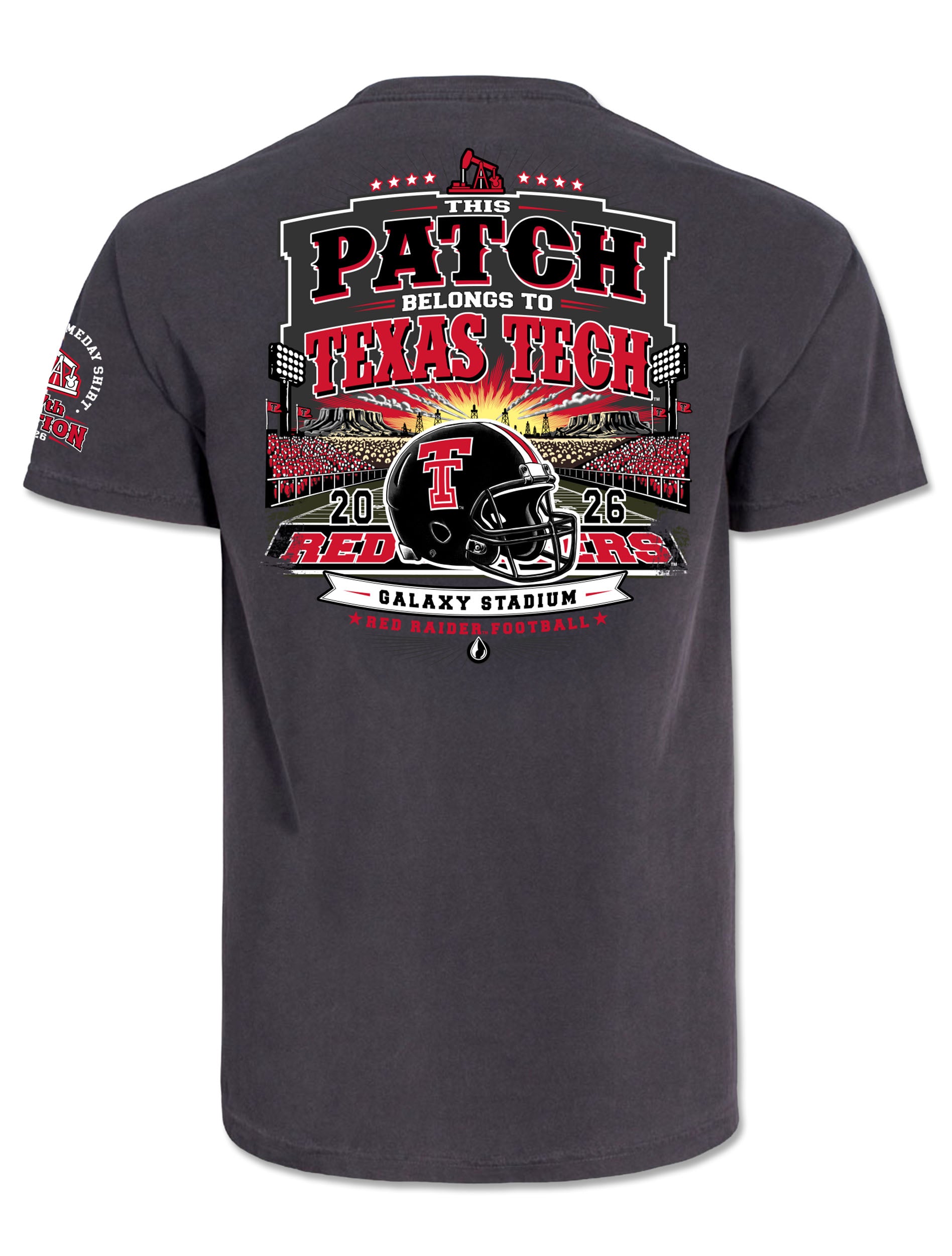 Texas Tech 2026 Official Wreck 'Em Tech Game Day t-shirt in grey, full-back graphic inspired by the West Texas oilfield heritage