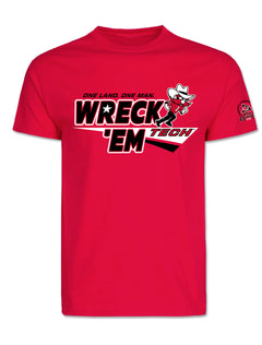 Texas Tech 2026 Official Wreck 'Em Tech Game Day t-shirt in red, front view with the “Wreck 'Em Tech” chest graphic and the commemorative 27th edition sleeve seal