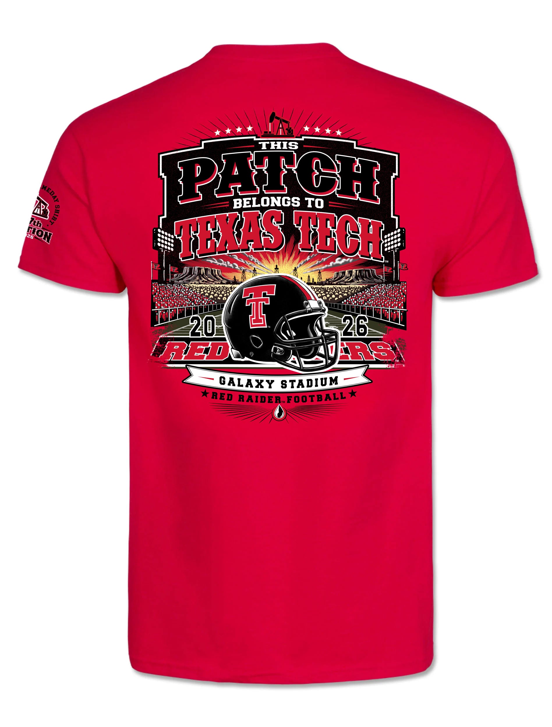 Texas Tech 2026 Official Wreck ’Em Tech Game Day t-shirt in red, back graphic with a Red Raiders helmet at The Jones (aka Galaxy Stadium), oil derricks, and a West Texas sunset