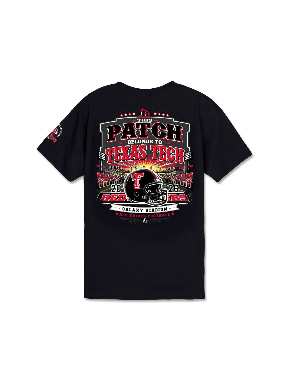 Texas Tech 2026 Official Wreck ’Em Tech Game Day youth t-shirt in black, back graphic with a Red Raiders helmet at The Jones (aka Galaxy Stadium), oil derricks, and a West Texas sunset