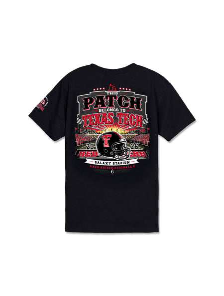 Texas Tech 2026 Official Wreck ’Em Tech Game Day youth t-shirt in black, back graphic with a Red Raiders helmet at The Jones (aka Galaxy Stadium), oil derricks, and a West Texas sunset