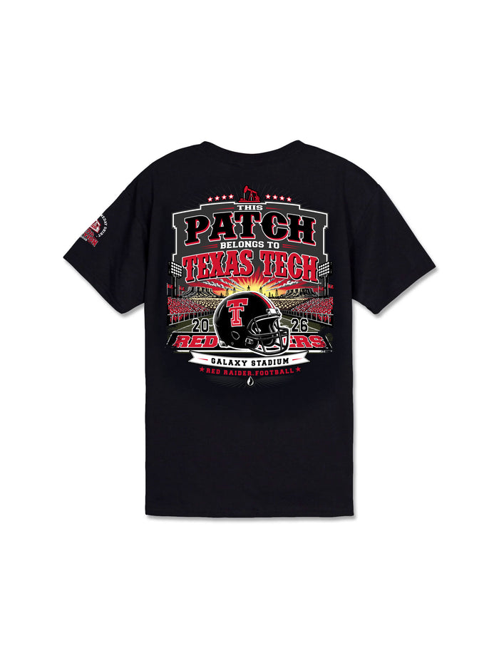 Texas Tech 2026 Official Wreck ’Em Tech Game Day youth t-shirt in black, back graphic with a Red Raiders helmet at The Jones (aka Galaxy Stadium), oil derricks, and a West Texas sunset