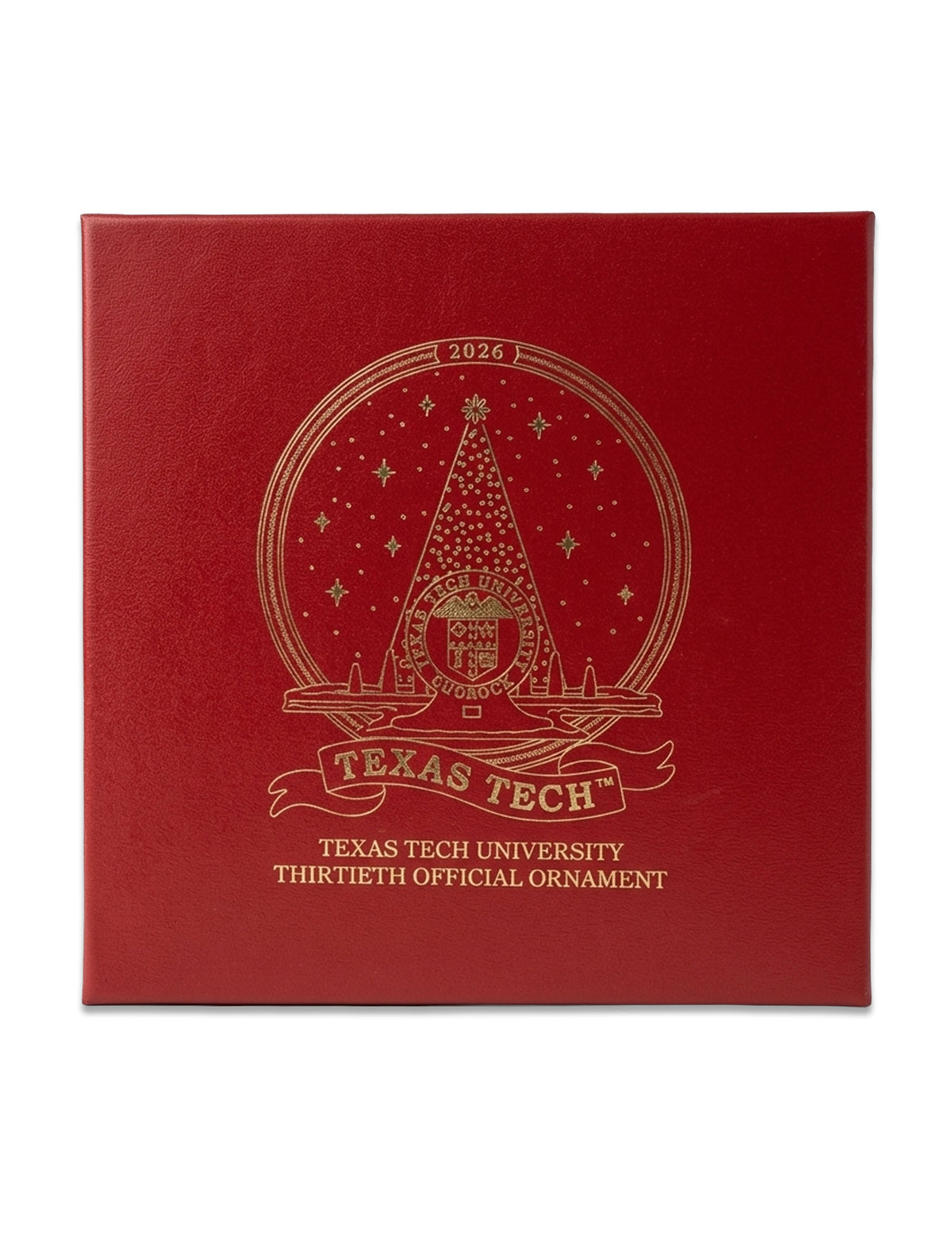 Red gift box for the Texas Tech 2026 Carol of Lights ornament, marked Thirtieth Official Ornament