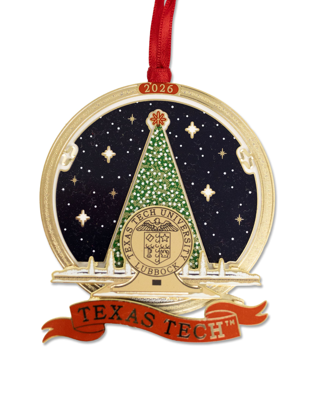 Texas Tech 2026 Carol of Lights ornament in gold-tone metal with the lit tree, university seal, red 2026 tab and red TEXAS TECH banner