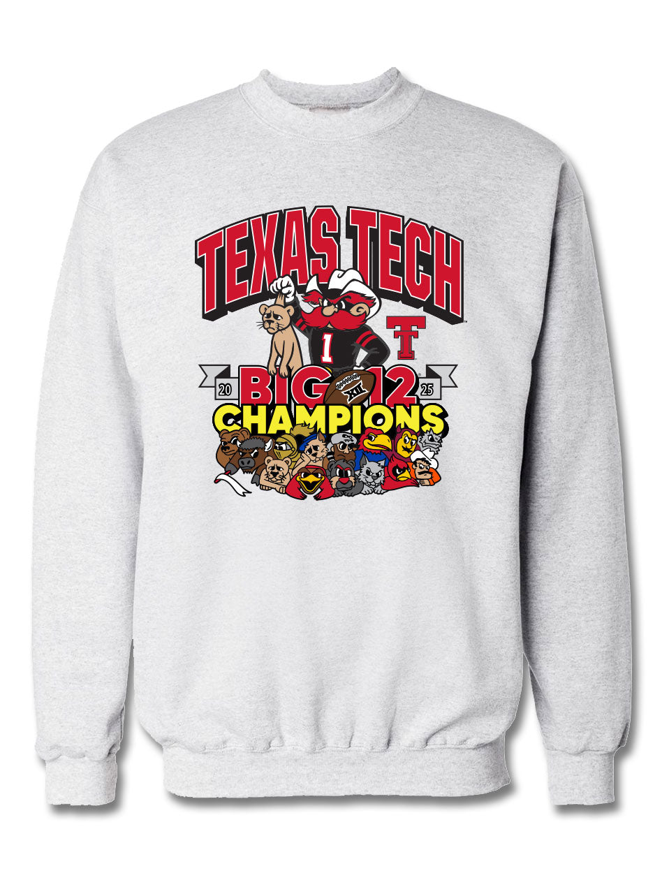 Texas Tech Red Raiders Big 12 Football Champs crewneck sweatshirt with championship graphic and team branding.