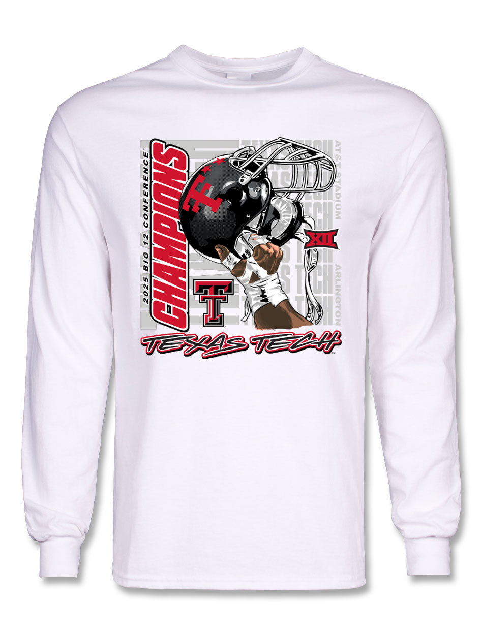 Texas Tech Red Raiders Big 12 Football Champs cotton long sleeve t-shirt with championship graphic and team branding.