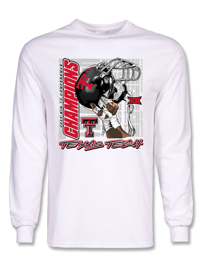Texas Tech Red Raiders Big 12 Football Champs cotton long sleeve t-shirt with championship graphic and team branding.