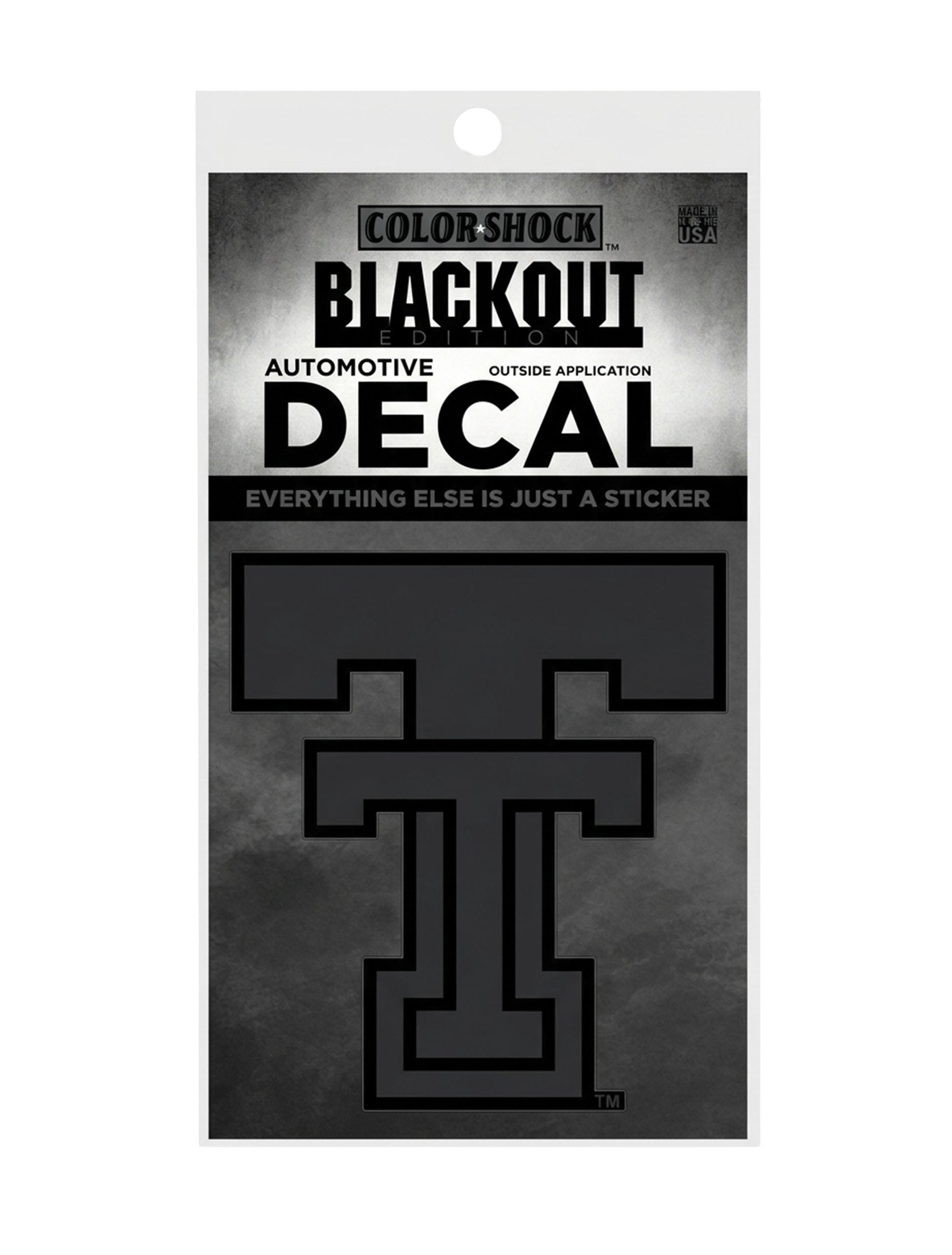 Texas Tech Red Raiders blackout Double T automotive decal in tone-on-tone black, shown on its retail card
