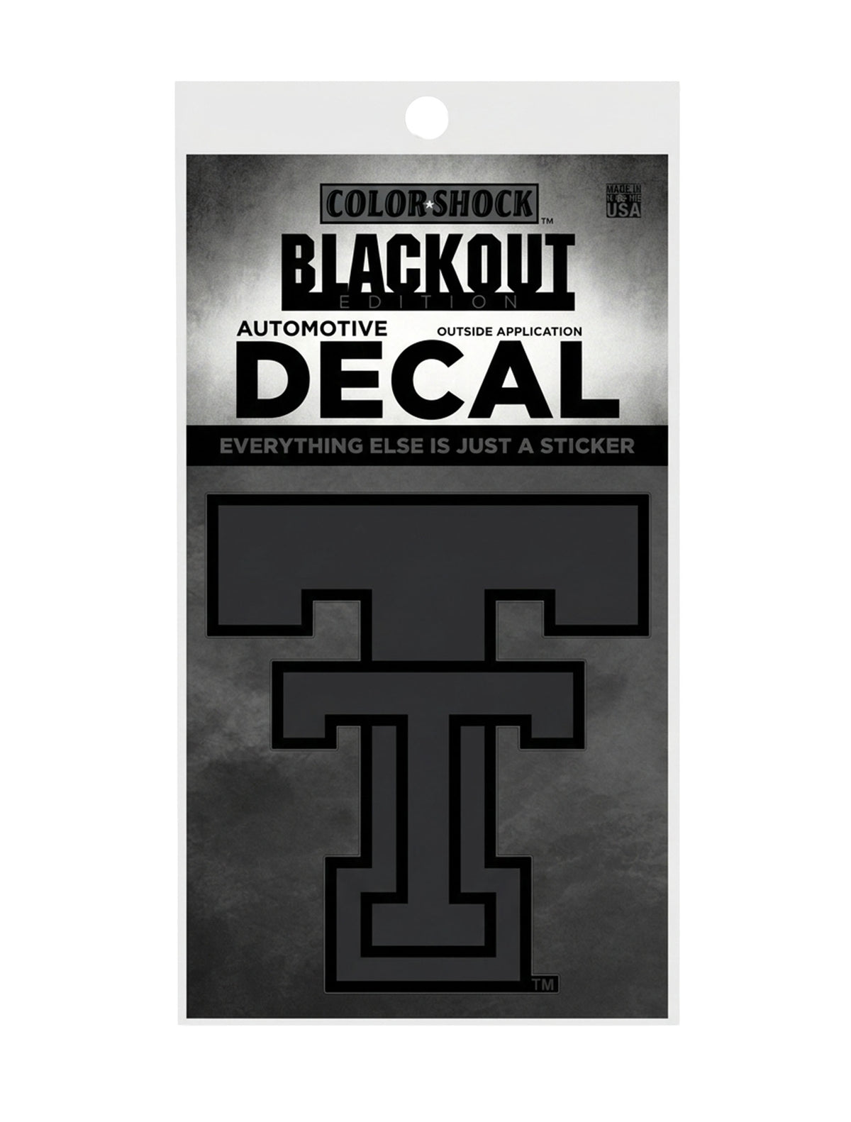Texas Tech Red Raiders blackout Double T automotive decal in tone-on-tone black, shown on its retail card