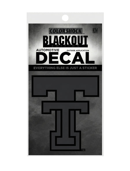Texas Tech Red Raiders blackout Double T automotive decal in tone-on-tone black, shown on its retail card