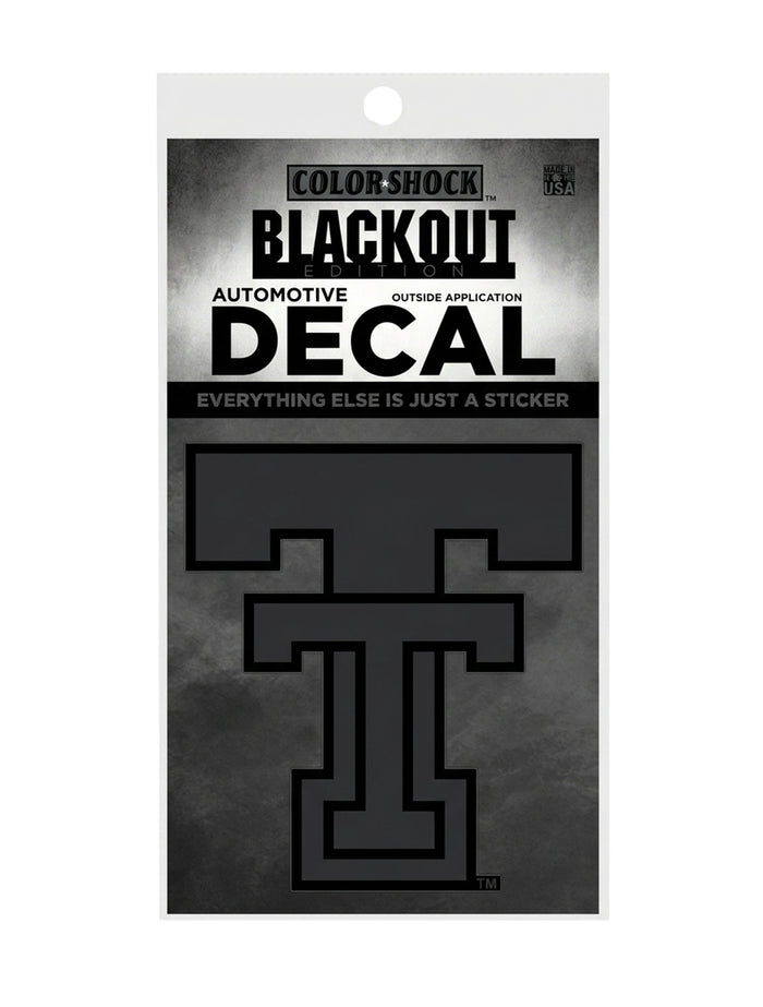 Texas Tech Red Raiders blackout Double T automotive decal in tone-on-tone black, shown on its retail card